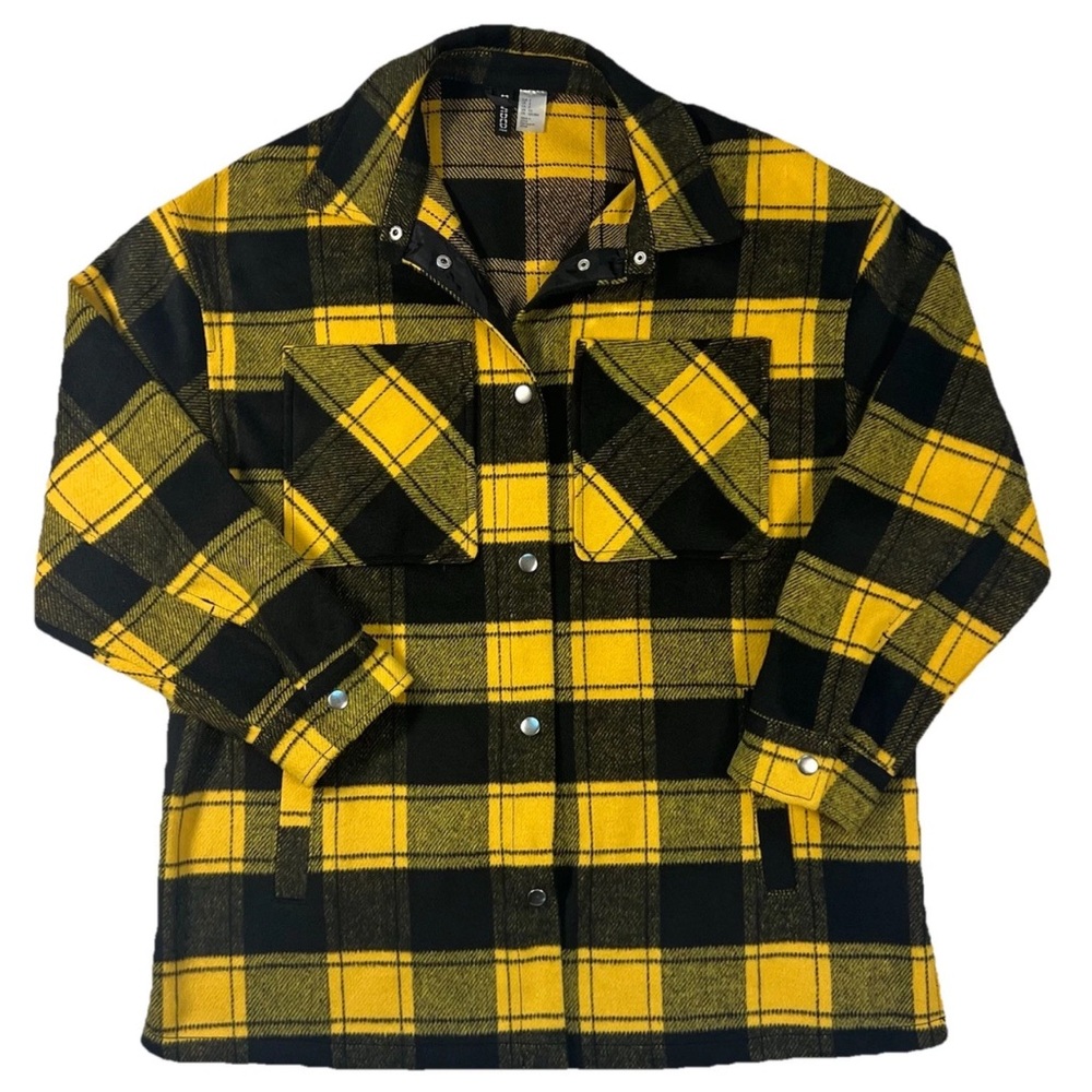 H&M Divided Women's Black Yellow Plaid Flannel Oversized Shacket w/ Pockets  S